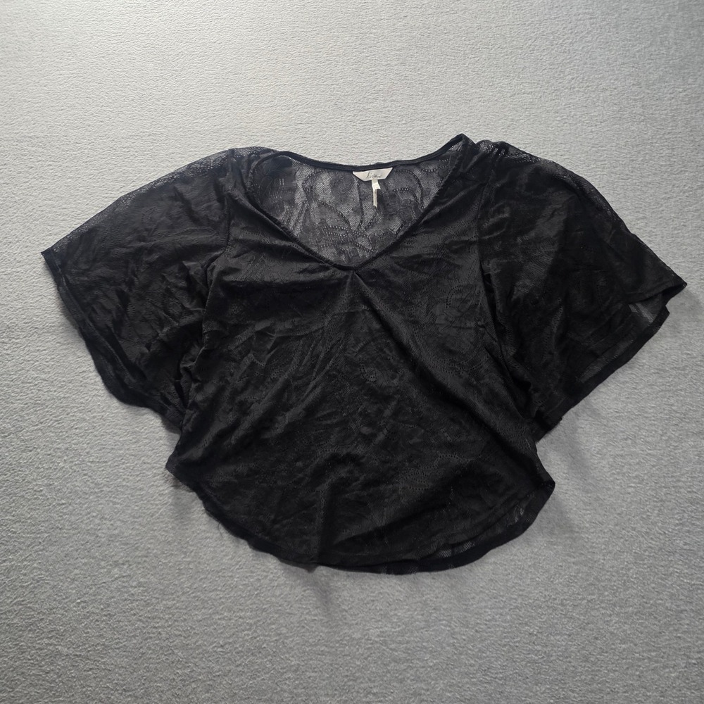 Kiyonna Sheer Lace Blouse Womens M Black Draped Flutter Sleeve Flowy Top Relaxed